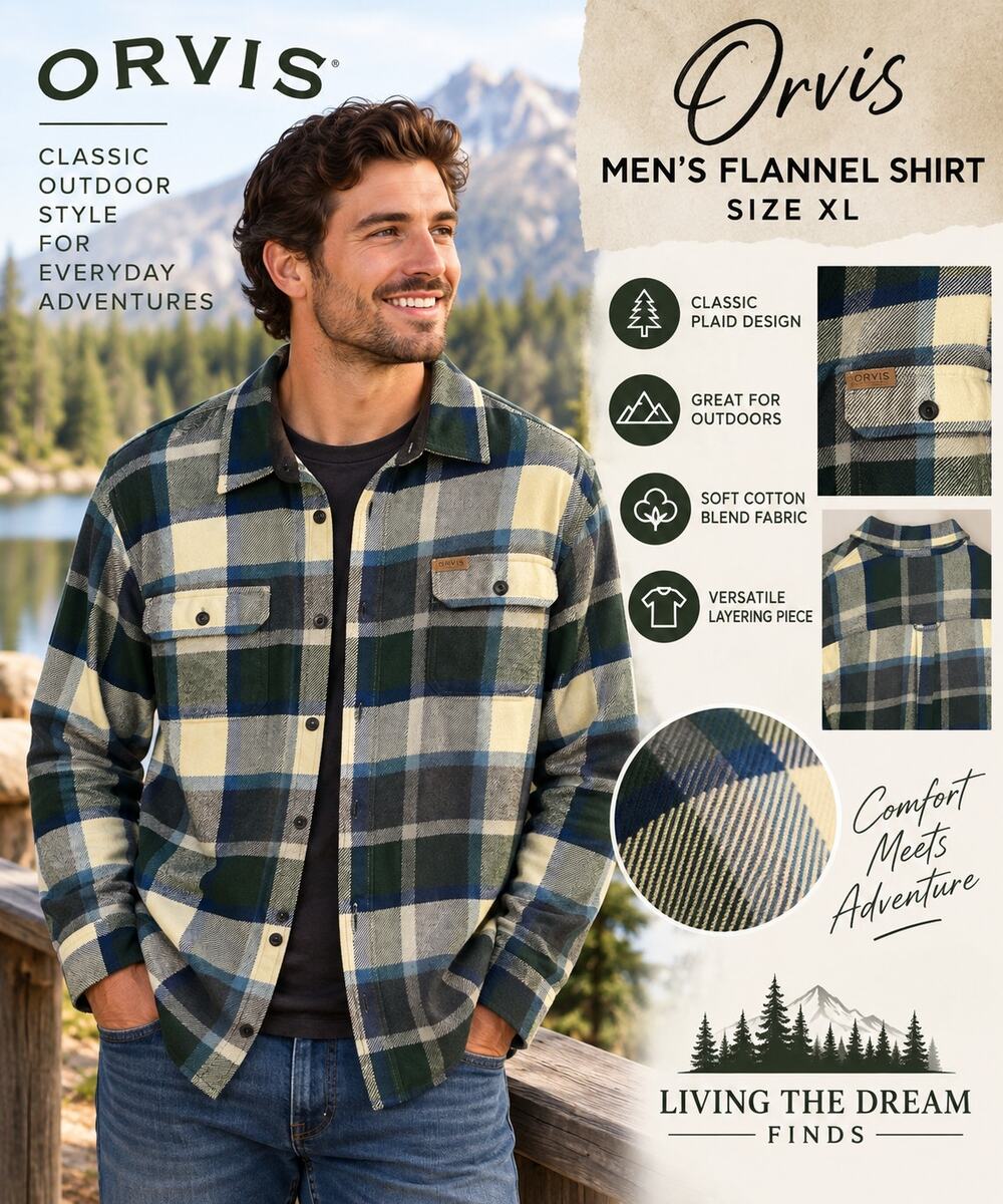 Orvis Men’s XL Plaid Flannel Shirt Green Blue Gray Button Front Cotton Blend